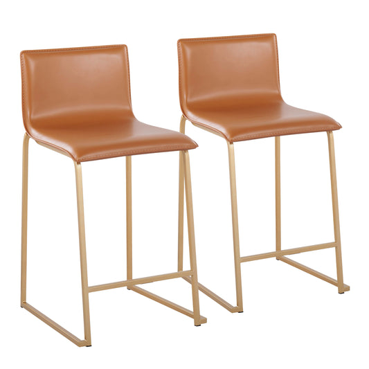 Monivette - Set of 2 - 26" Counter Stools with Gold Metal Frame and Camel Faux Leather Upholstery for Stylish Kitchen or Bar Seating