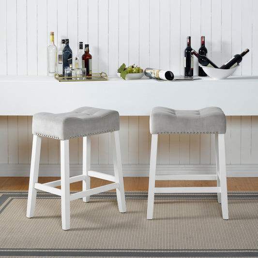 Morovo - Set of 2 - 27" Gray Velvet Saddle Counter Stools with White-Wash Wood