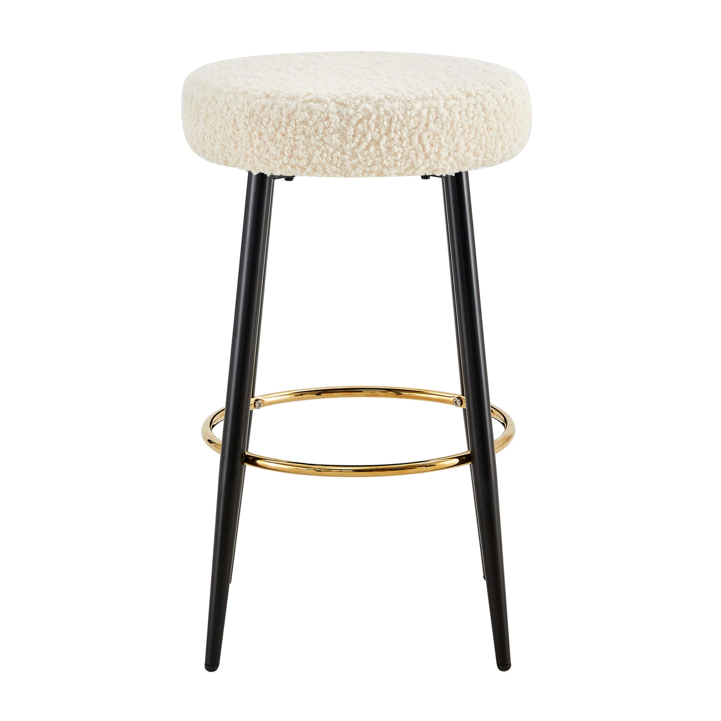 Belmont - Set of 2 - 24" Antique White Upholstered Bar Stools with Gold Footrest, Round Seat, Faux Leather, and Black Metal Frame for Kitchen or Bar