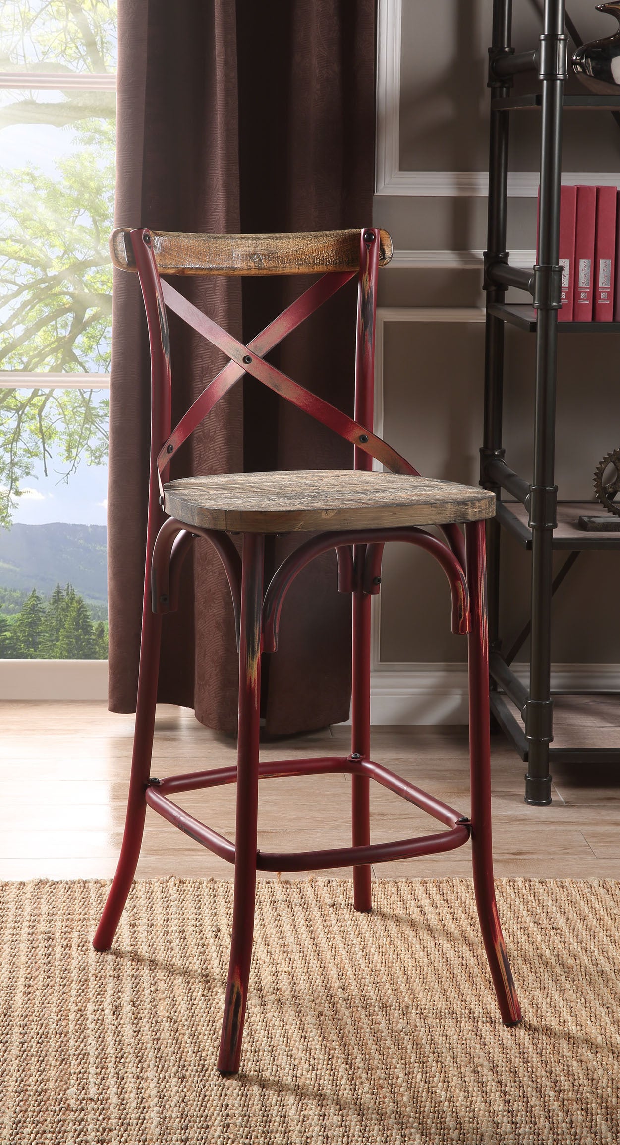 Zorina -  set of 2 -29" Seat Height Industrial High-Back Bar Chair in Antique Red and Oak, 43" Overall Height