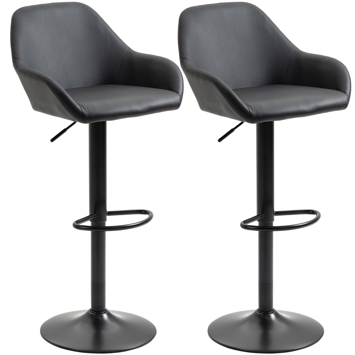 Haya - Set of 2 - 33.75" to 41.75" Adjustable Black PU Leather Swivel Counter Height Bar Stools with Footrest & Back, Steel Round Base for Kitchen & Dining Room