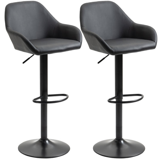 Haya - Set of 2 - 33.75" to 41.75" Adjustable Black PU Leather Swivel Counter Height Bar Stools with Footrest & Back, Steel Round Base for Kitchen & Dining Room