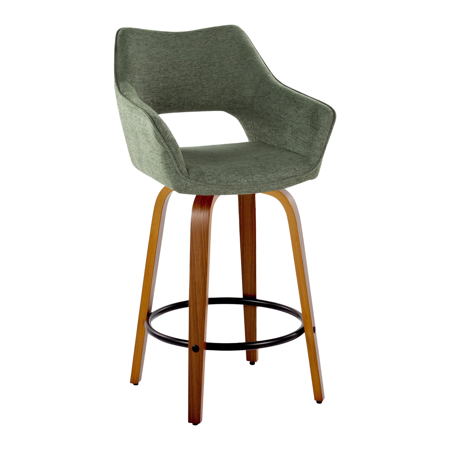 Valor Set of 2 Green Fabric Upholstered Swivel Counter Stools (26") with Walnut Bentwood Legs & Black Metal Footrest