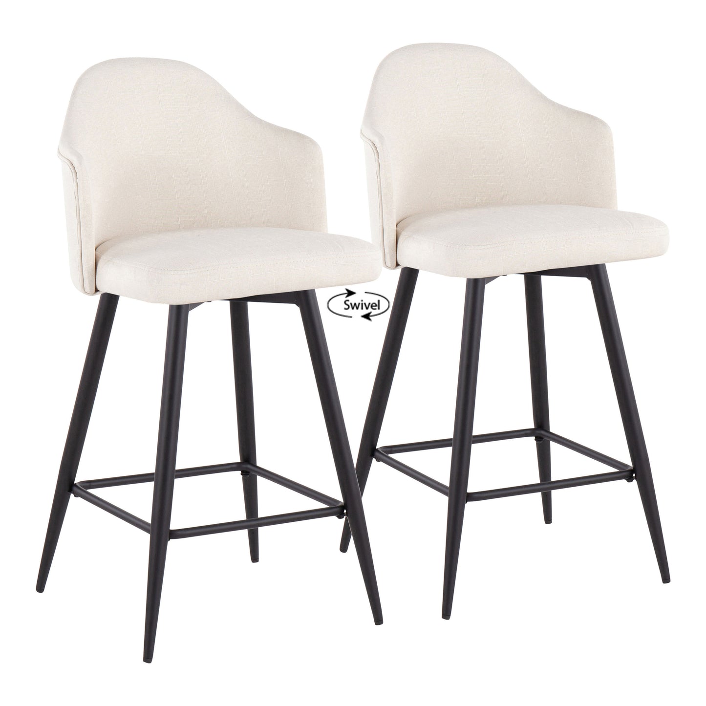 Vela - Set of 2 - 26" Metal Counter Stools with Cream Fabric and Square Footrest