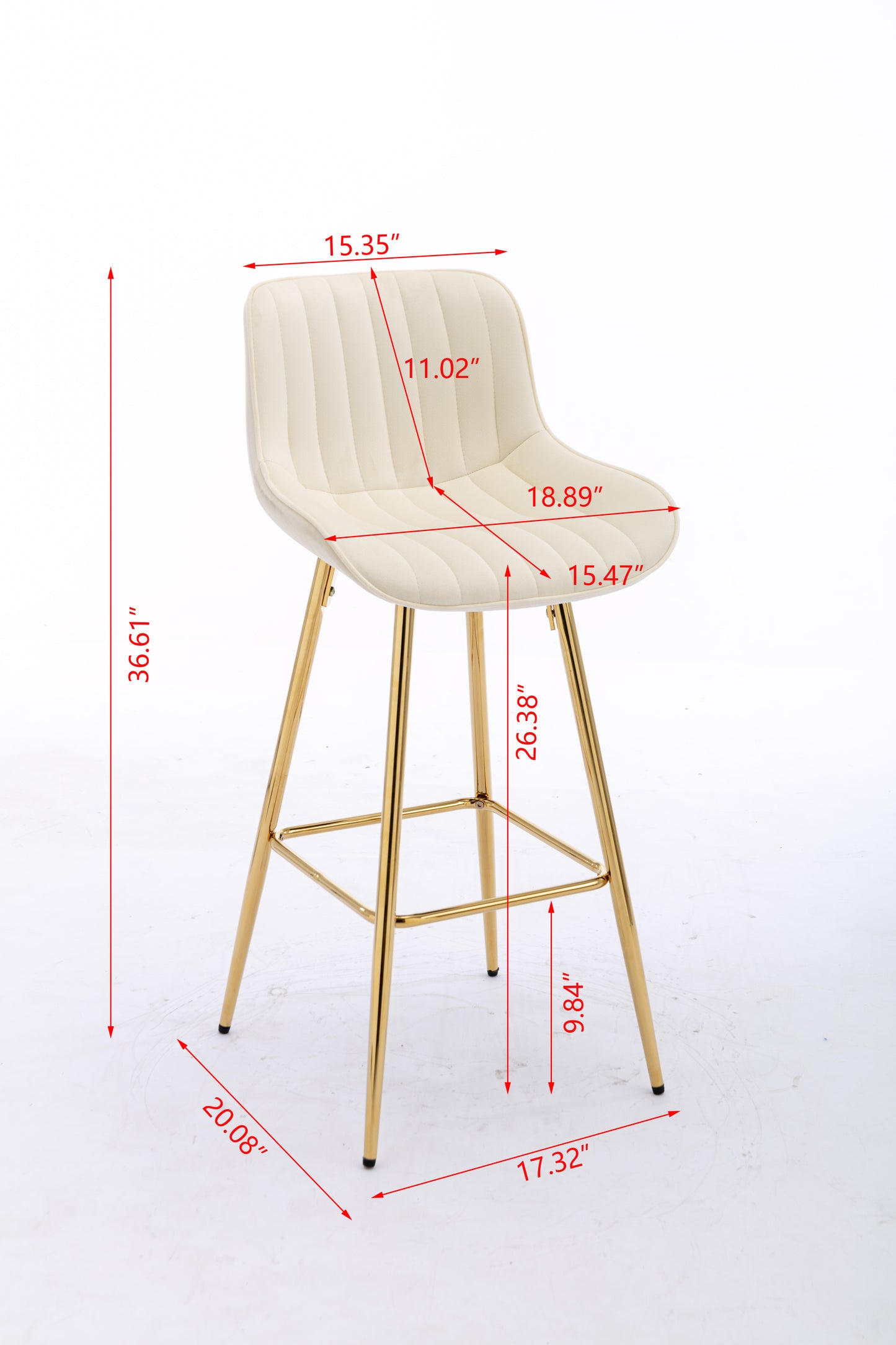 Vienna - Set of 2 - 26" Cream Velvet Counter Stools with Golden Legs and Chrome Footrest