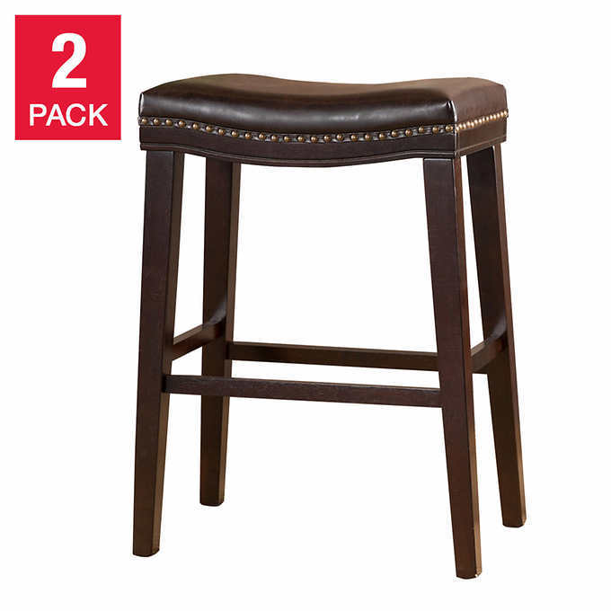 Marcila - Set of 2 - 26" Dark Brown PU Leather Saddle Bar Stools with Nailhead Trim and Rubberwood Frame