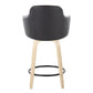 Calix - Set of 2 -24" Black Faux Leather Swivel Counter Stools with Natural Wood Legs and Round Black Metal Footrest