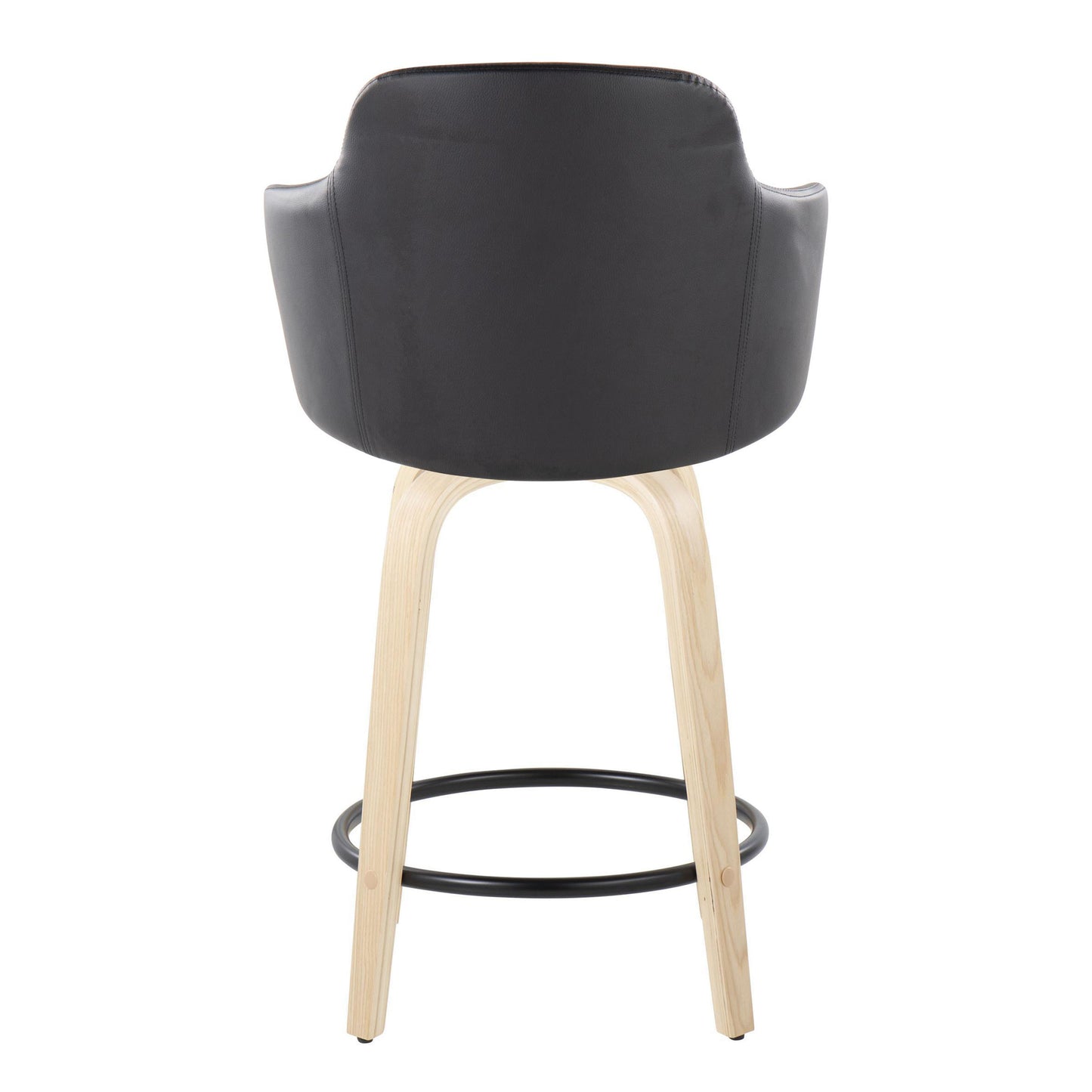 Calix - Set of 2 -24" Black Faux Leather Swivel Counter Stools with Natural Wood Legs and Round Black Metal Footrest