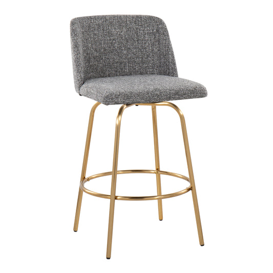 Tzarin - Set of 2 - 26" Contemporary Fixed-Height Swivel Counter Stools in Grey Noise Fabric and Gold Metal – Stylish Upholstered Bar Stools with Round Footrest