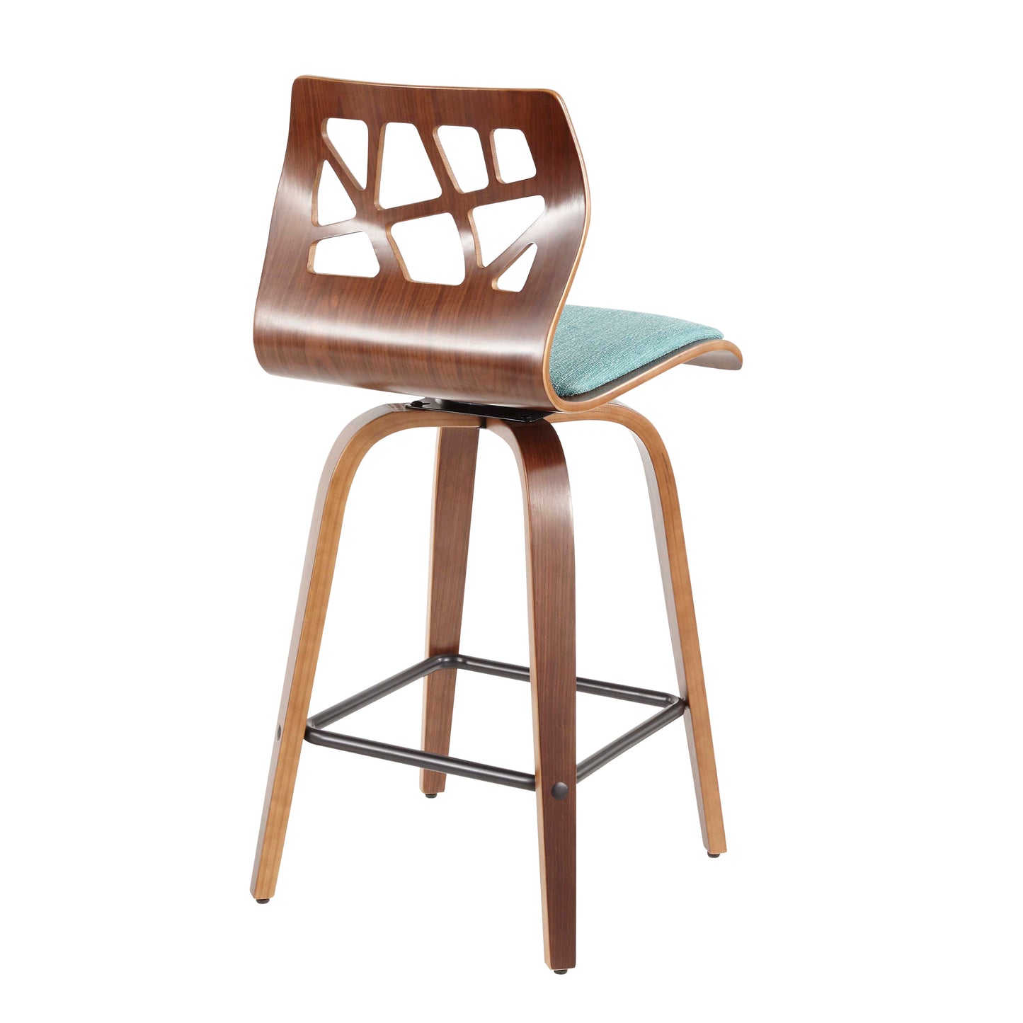 Vireo - Set of 2 - 26" Teal Upholstered Swivel Counter Stools with Walnut Mid-Century Modern Frame