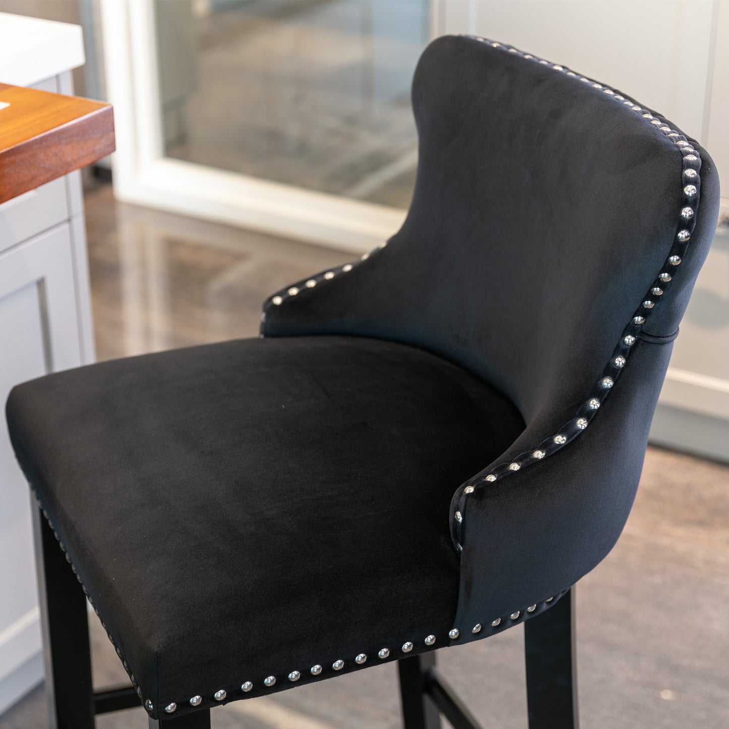 Everly - Set of 2 - 28" Contemporary Velvet Upholstered Wing-Back Bar Stools with Button Tufted Design, Wooden Legs & Chrome Nailhead Trim, Black