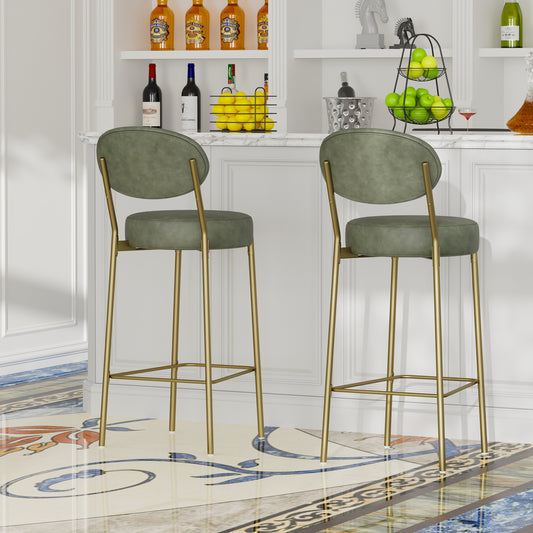 Clea - Set of 2 - 29" Green Faux Leather Upholstered Bar Stools with Gold Metal Legs, Modern Round Counter Chairs