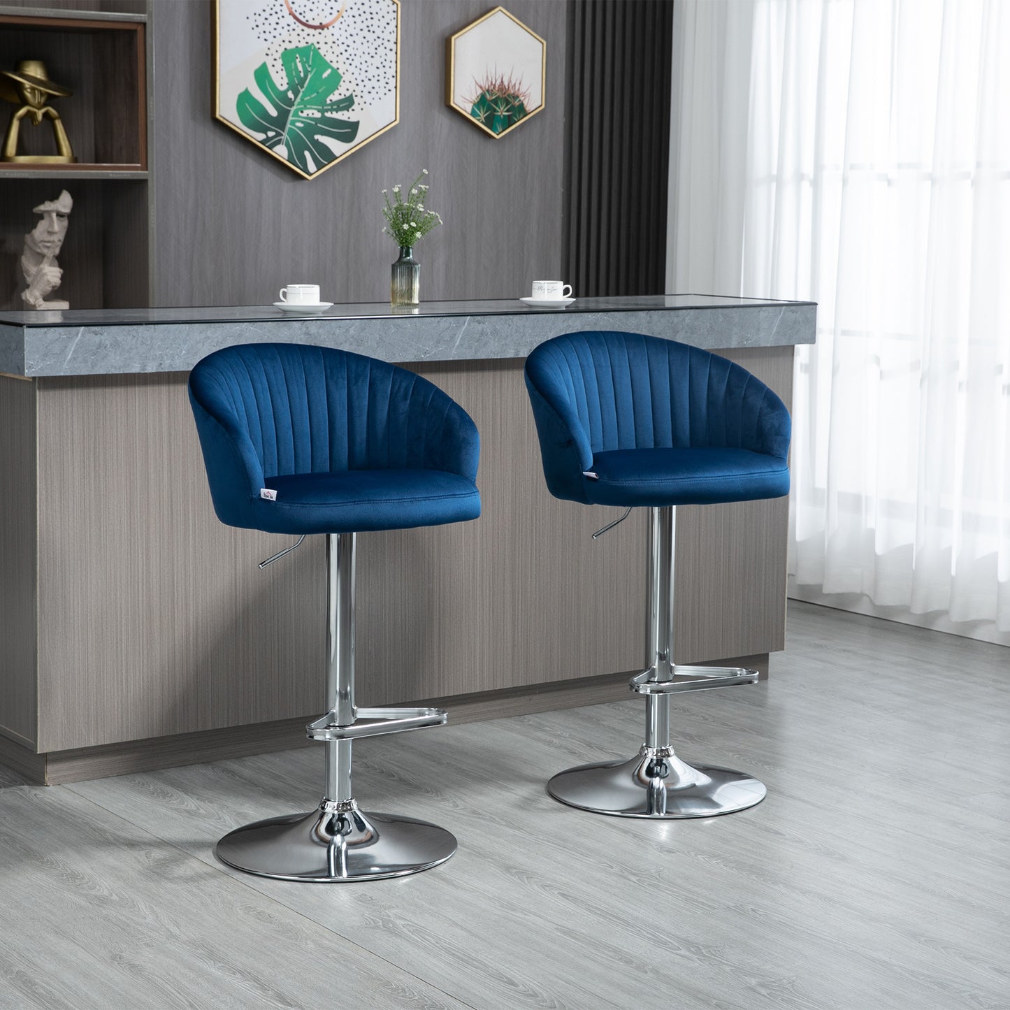 Manroe - Set of 2 -  24" Blue Velvet Adjustable Swivel Bar Stools with Steel Frame and Footrest, 25.5”-31.75” Counter to Bar Height