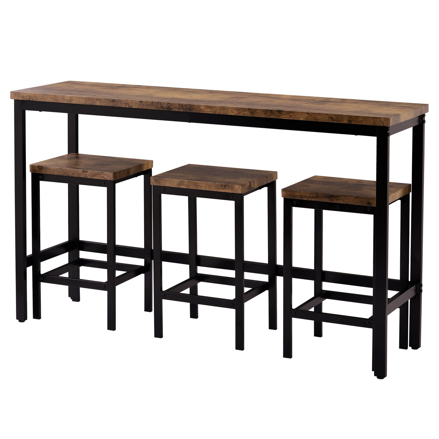 Thalor - Set of 2 - 24" Counter Height Stools with Extra Long 60.2" Brown Table and Footrest, Space-Saving Design