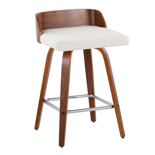 Marken - Set of 2 - 26" Mid-Century Modern Fixed-Height Swivel Counter Stools with Walnut Wood Frame, Cream Fabric Seat