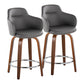 Glinterra  - Set of 2 - 24" Contemporary Swivel Counter Stools in Walnut Wood & Grey Faux Leather with Chrome Footrest