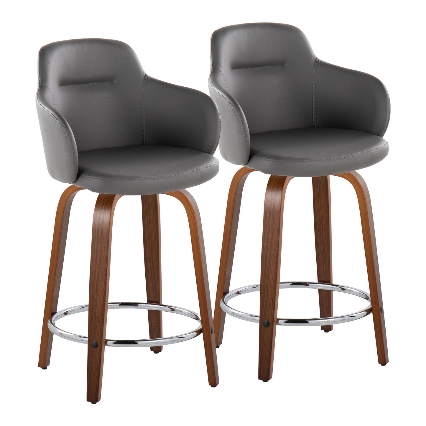 Glinterra  - Set of 2 - 24" Contemporary Swivel Counter Stools in Walnut Wood & Grey Faux Leather with Chrome Footrest