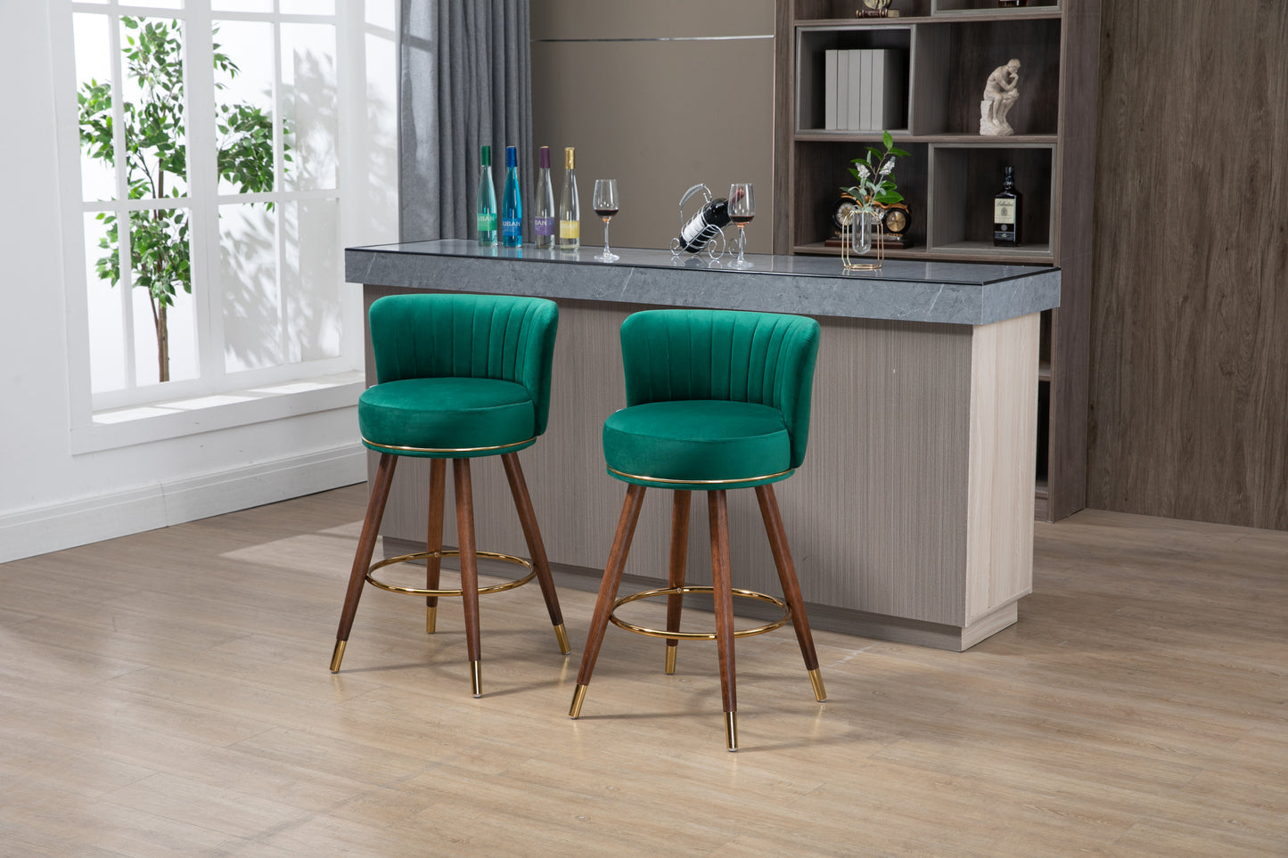 Monial - Set of 2 - 28" Emerald Swivel Bar Stools with Backrest, Footrest, and Solid Wood Legs