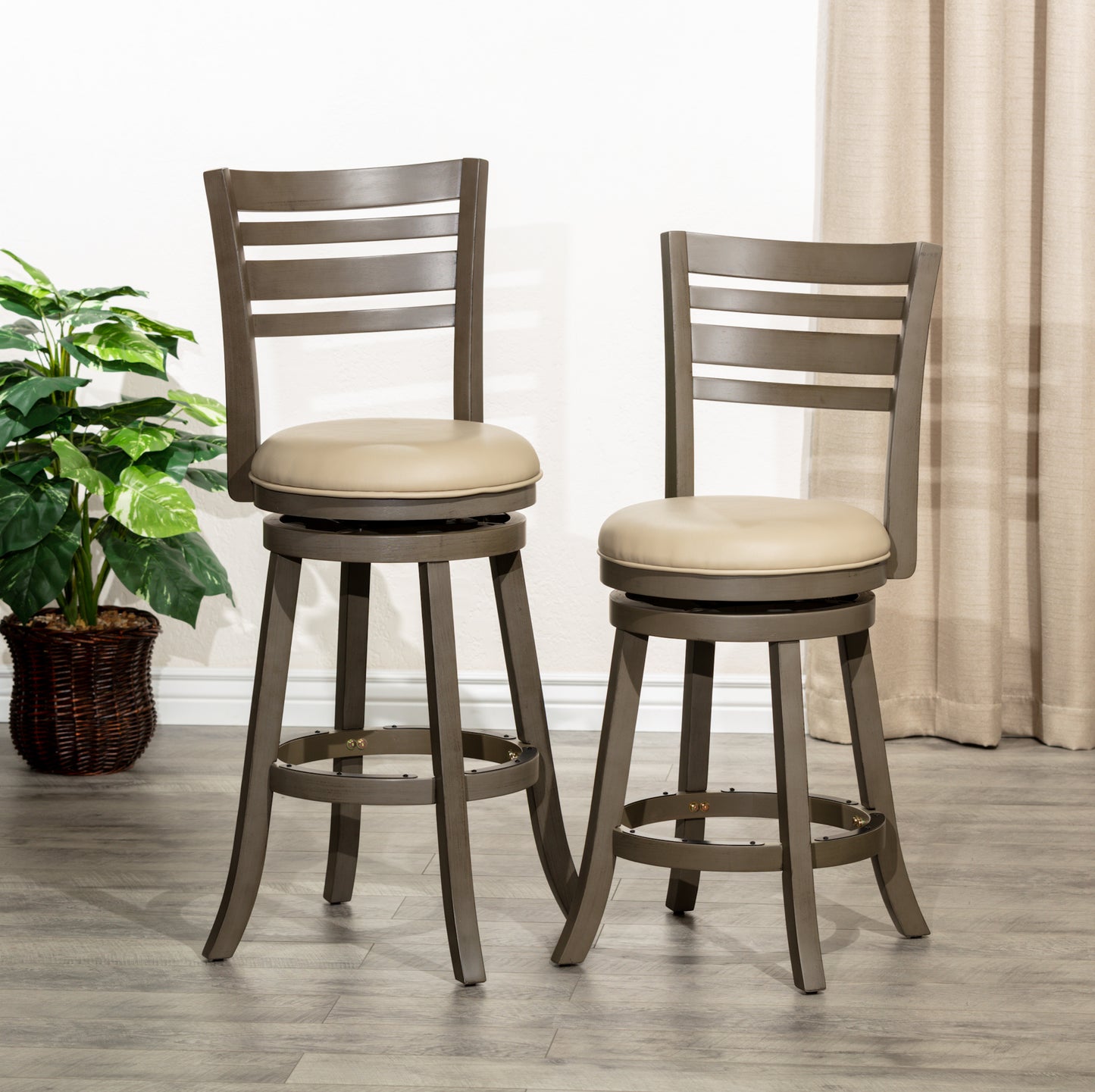 Tynora - Set of 2 - 24" Mid-Century Modern Counter Stools with Cream Faux Leather, Walnut Wood Frame, and Black Footrest