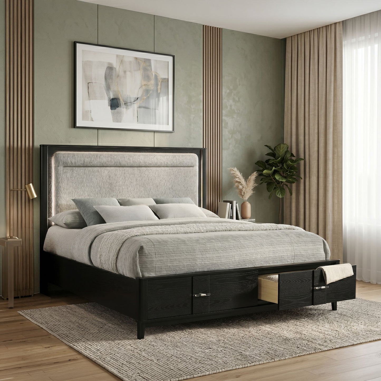Opel - Queen Storage Bed With LED Headboard - Black