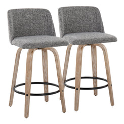 Tavros- Set of 2 - 26" Mid-Century Modern Swivel Counter Stools in White-Washed Wood with Grey Noise Upholstery and Black Metal Footrest