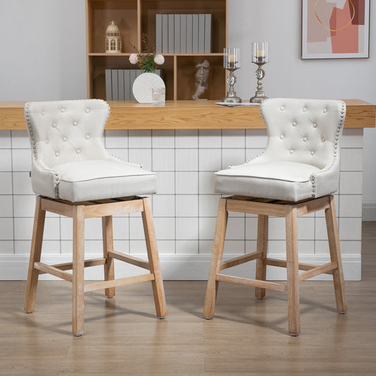 Hadley - Set of 2 - 30” Cream Upholstered Swivel Bar Stools with Nailhead Trim and Rubberwood Legs