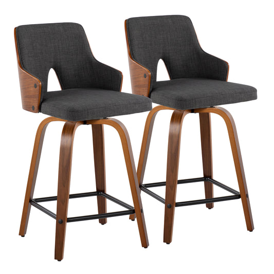 Stalton - Set of 2 - 24" Mid-Century Modern Fixed-Height Counter Stools with Walnut Wood, Charcoal Fabric, Swivel, and Square Black Metal Footreset