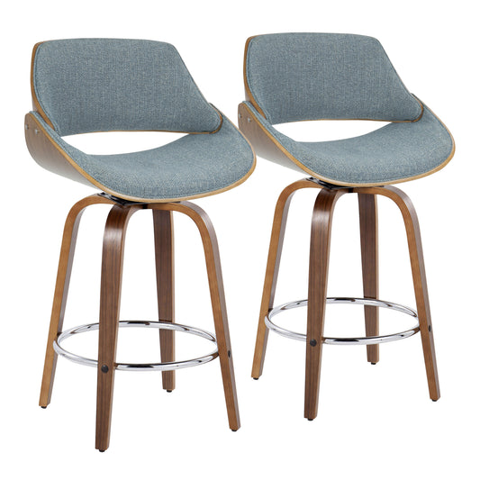 Lysara - Set of 2 - 26" Mid-Century Modern Fixed-Height Counter Stool with Walnut Wood, Blue Fabric Swivel Seat, and Chrome Footrest by LumiSource