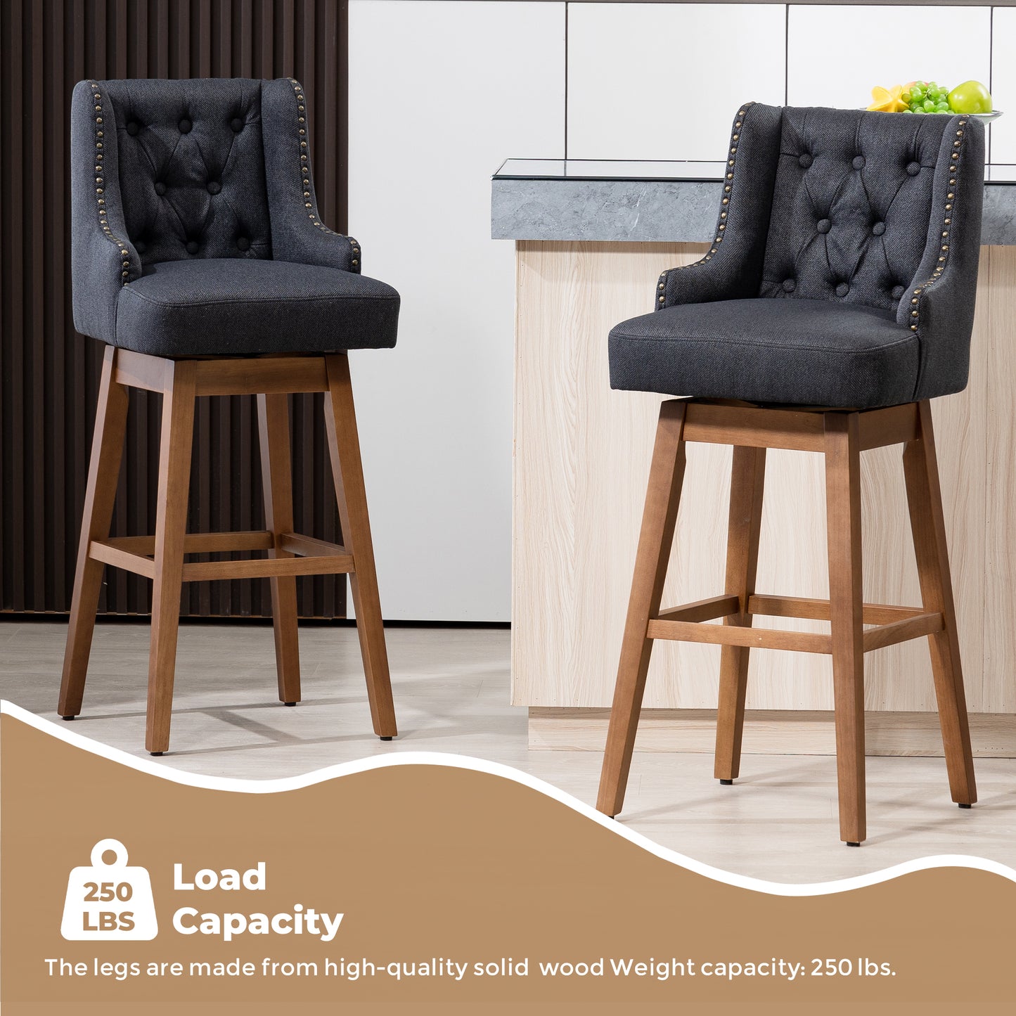 Helvion - Set of 2 - 29.92" Black Linen Swivel Counter Height Bar Stools with Solid Wood Legs and High Back