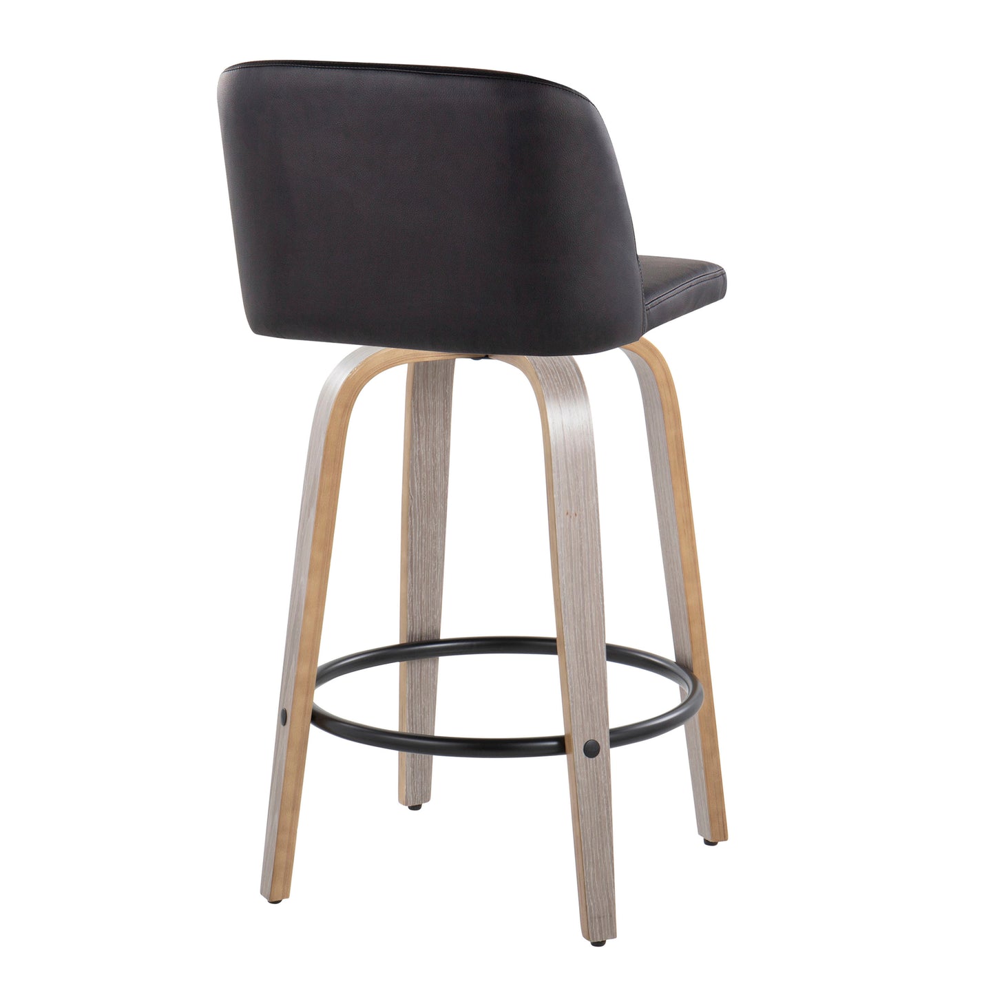 Toriano - Set of 2 -18" Light Grey Wood & Black Faux Leather Swivel Counter Stools with Round Black Metal Footrest