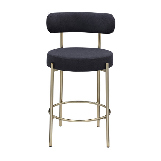 Wrysolis - Set of 2 - 26" Modern Sherpa Counter Stools with Upholstered Seat, Black, Brushed Brass Metal Legs, and Round Low Back Design