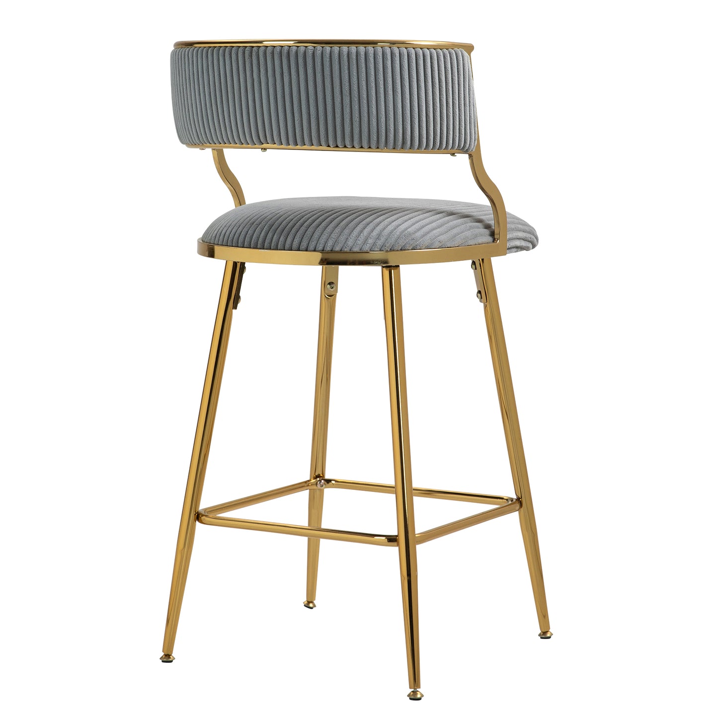 Astrid - Set of 2 - 26" Grey Corduroy Counter Height Bar Stools with Golden Chromed Base, Backrest, and Footrest