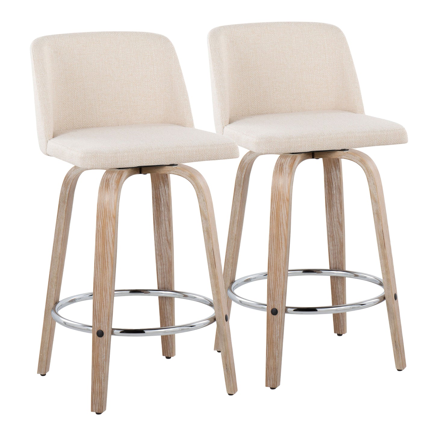 Tynor  - Set of 2 - 24"Whitewashed Wood Fixed-Height Swivel Counter Stools with Cushioned Cream Upholstery and Chrome Footrest