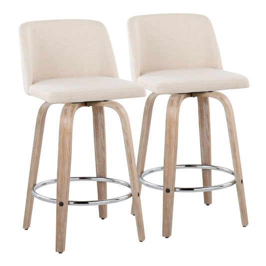 Tynor  - Set of 2 - 24"Whitewashed Wood Fixed-Height Swivel Counter Stools with Cushioned Cream Upholstery and Chrome Footrest