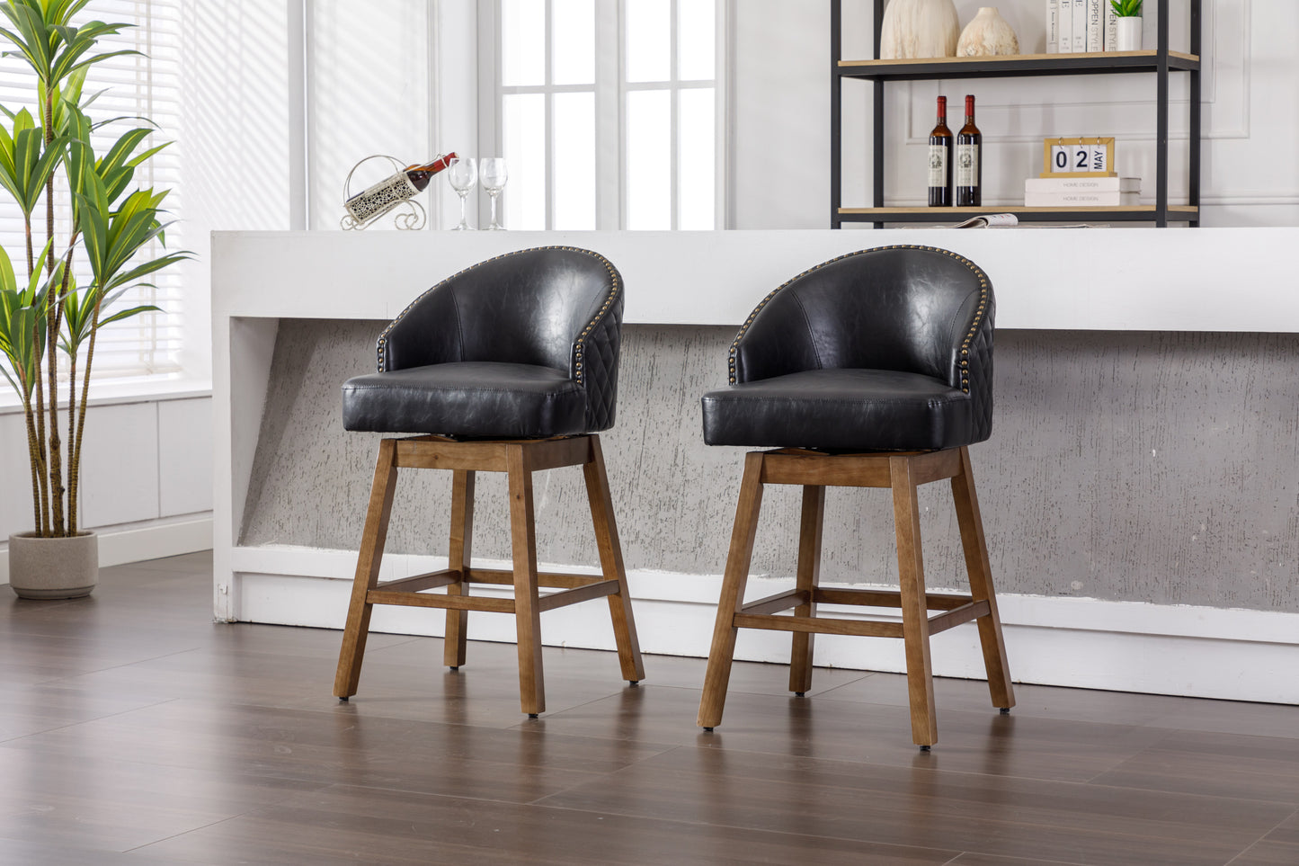 Virissa - Set of 2 - 37" Black PU Counter Height Bar Stools with 360° Swivel, Footrest, and Solid Wood Legs