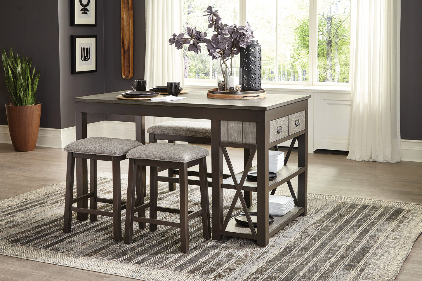 Avery - Set of 2 - 26" Gunmetal Gray Wood Counter Height Stools with Padded Fabric Seats, Modern Dining Room Furniture