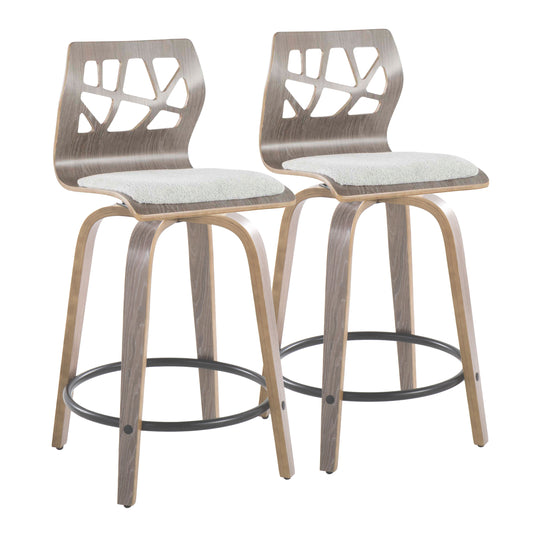 Fletcher - Set of 2 - 26” Walnut Wood Fixed Height Swivel Counter Stools Charcoal Fabric Upholstery and Black Metal Footrest