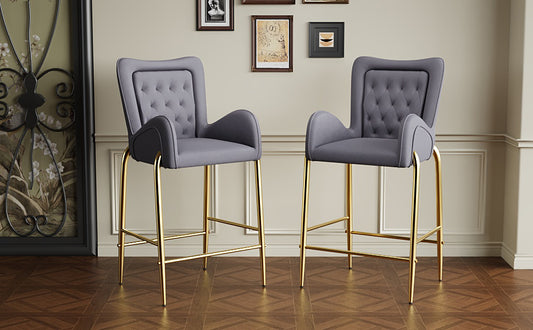 Montclair - Set of 2 - 28.75" Velvet Counter Height Bar Stools with Golden Legs and Tufted Back, Gray