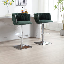 Elegance - Set of 2 - 25" Adjustable Vintage Swivel Bar Stools with Backrest and Footrest, Emerald Bouclé Upholstery