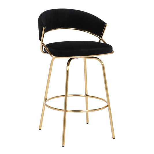 Shahira - Set of 2 - 30" Gold Metal and Black Velvet Counter Stools with 360° Swivel