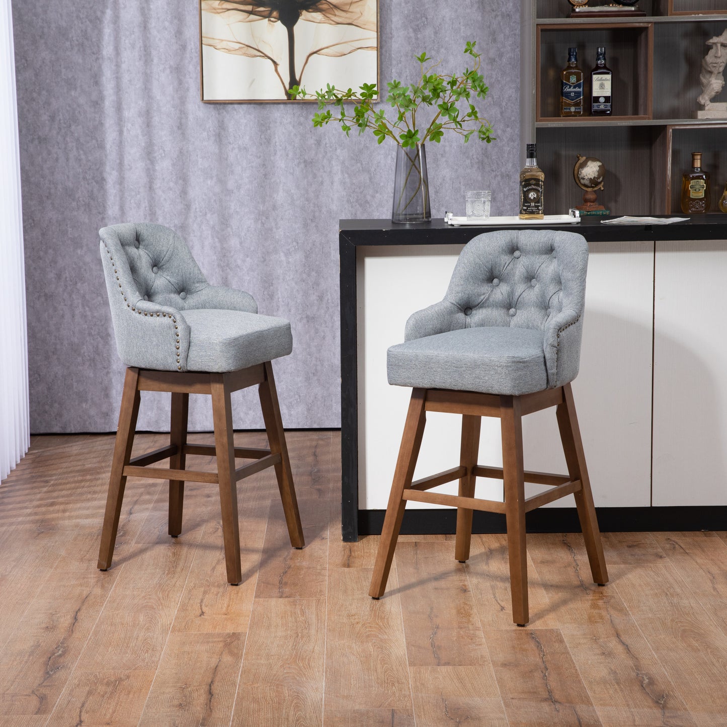 Alviana - Set of 2 - 30" Gray Linen Counter Height Swivel Bar Stools with Solid Wood Legs, 360° Rotating Chairs for Kitchen, Dining Room & Home Bars