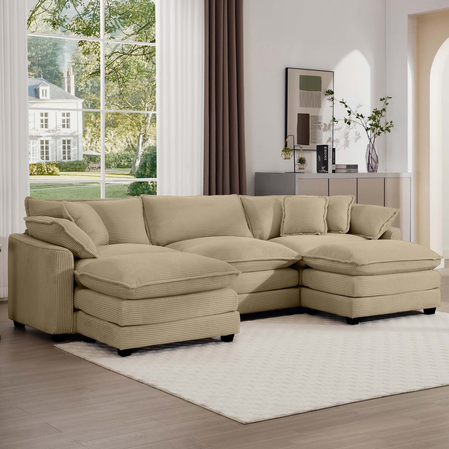 Oversized Modular Cushion Sofa With Ottoman, Low Back, Deep Seating Sofa Set