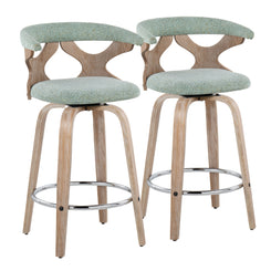 Gryvaris - Set of 2 - 24" White Washed Swivel Counter Stools with Seafoam Green Cushions and Chrome Footrest