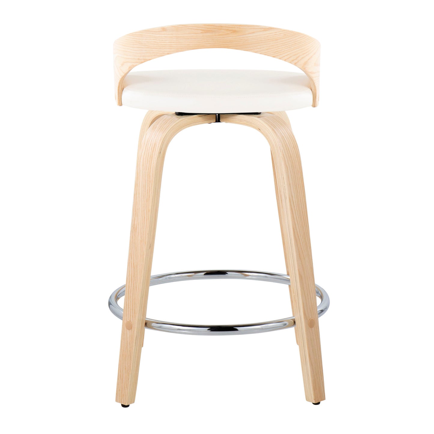 Gendry - Set of 2 - 24" Contemporary Fixed-Height Swivel Counter Stools in Natural Wood and White Faux Leather with Chrome Footrest