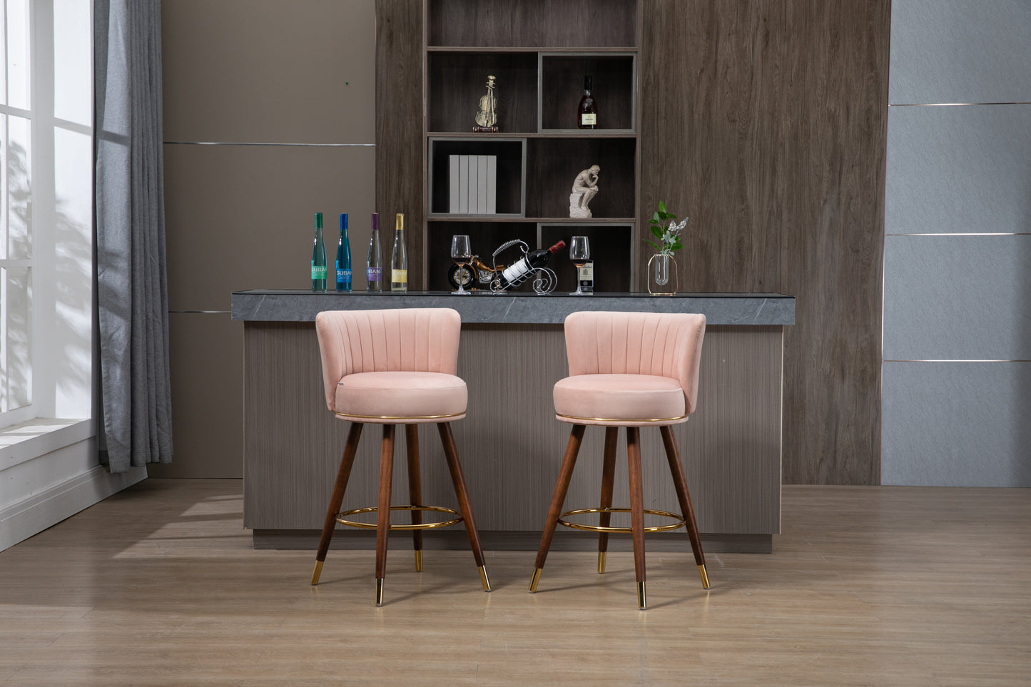 Lavantro - Set of 2 -28" Counter Height Handcrafted Swivel Bar Stools with Pink Fabric, Solid Wood Legs & 360° Rotation - Vintage Retro Design