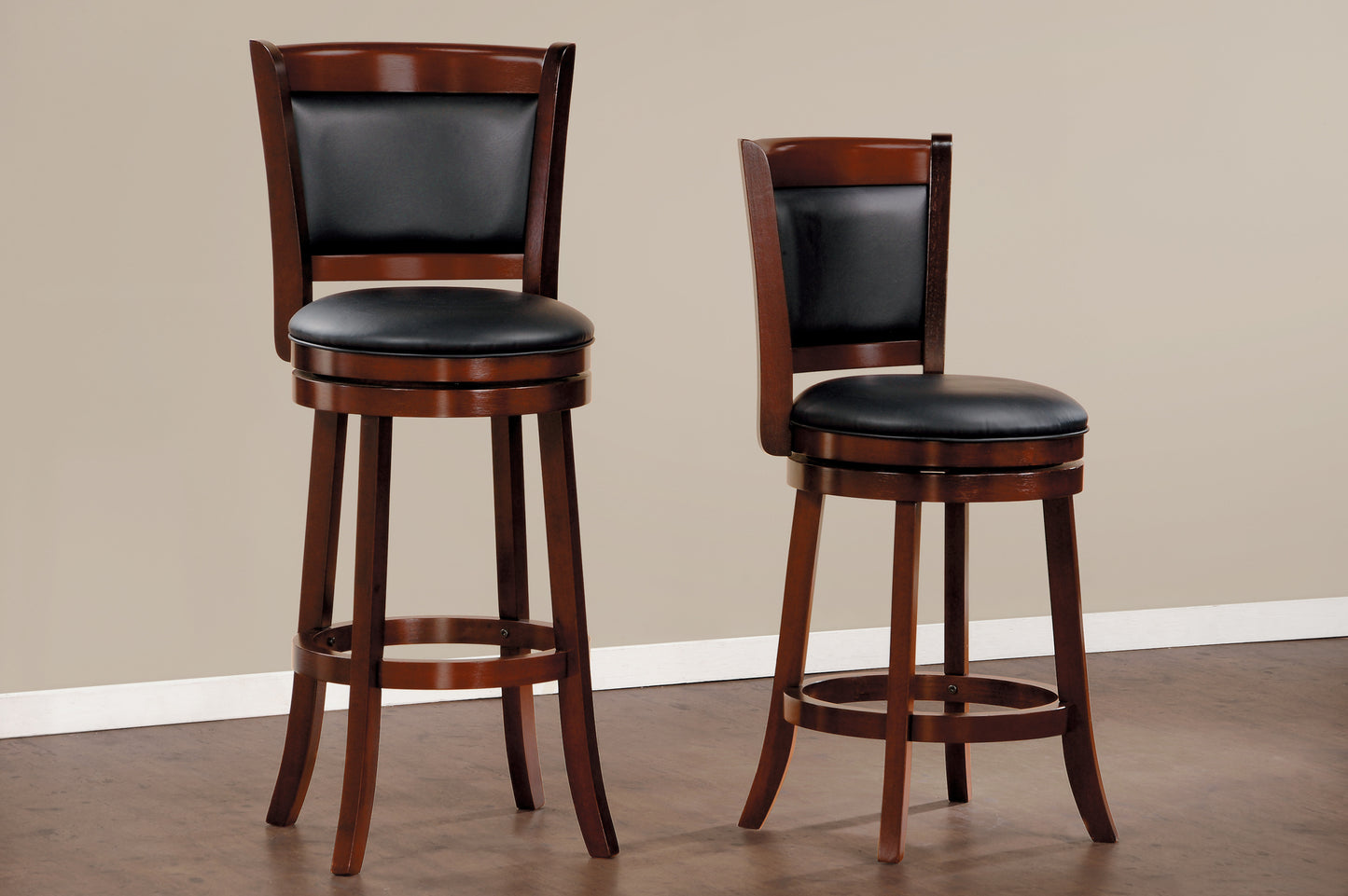 Elysium - Set of 1 - 30" Swivel Pub Height Chair, Dark Cherry Finish Faux Leather Upholstery, Solid Wood, 250lbs Capacity