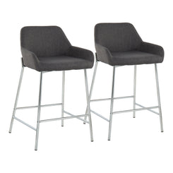 ElevéDesigns - Set of 2 - 26" Charcoal Upholstered Counter Stools with Chrome Metal Frame, Padded Seat & Back, Contemporary Fixed-Height Design