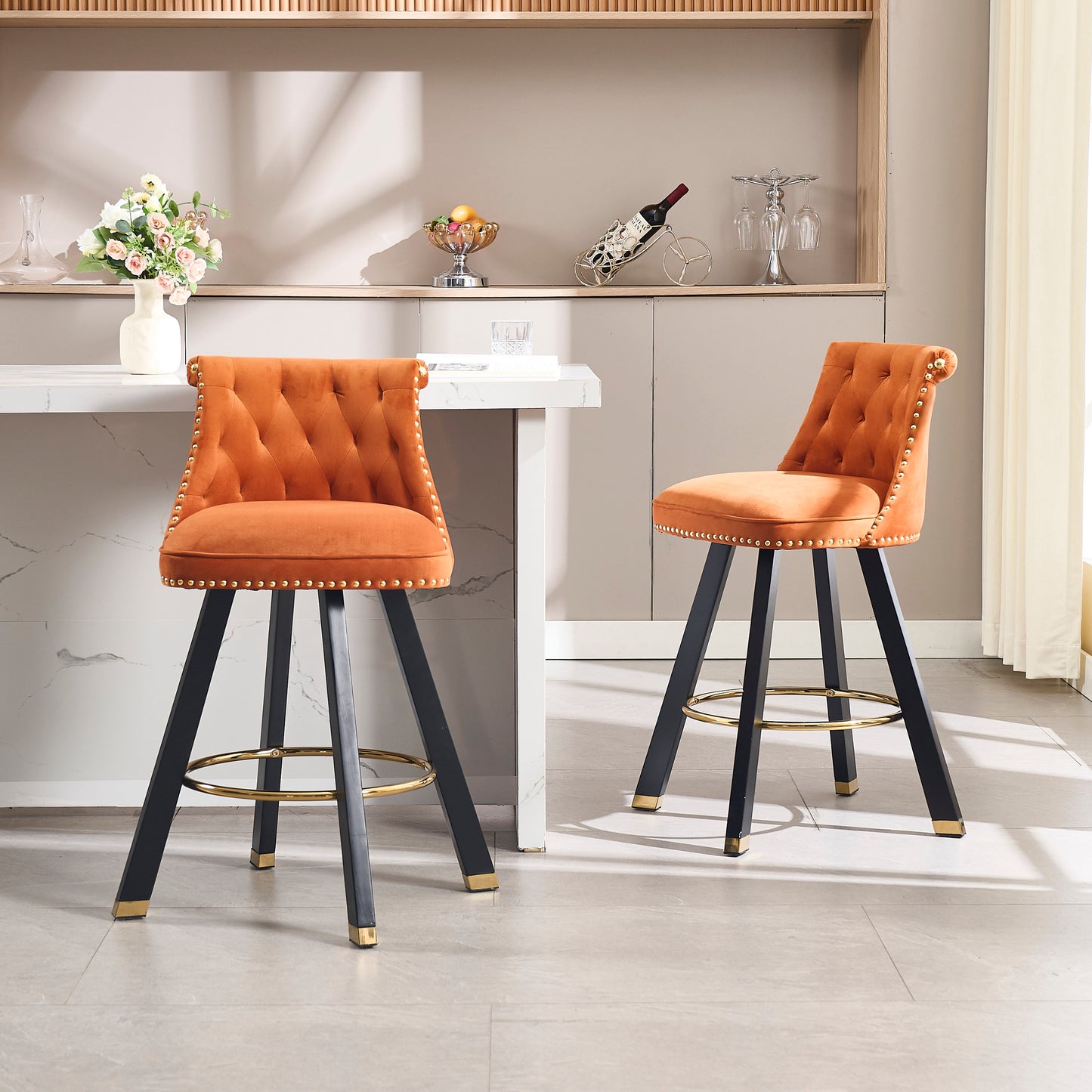 Sapphire - Set of 2 - 26" Velvet Bar Stools with Back Pull Design, Rivet Decoration, 360° Rotation, Wooden Legs for Kitchen or Dining Room