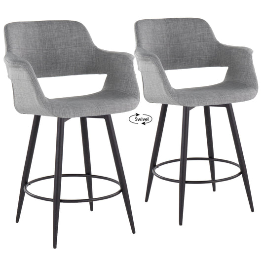 Lunara - Set of 2 - 24" Light Grey Swivel Counter Stools with Matte Black Metal Legs and Footrest