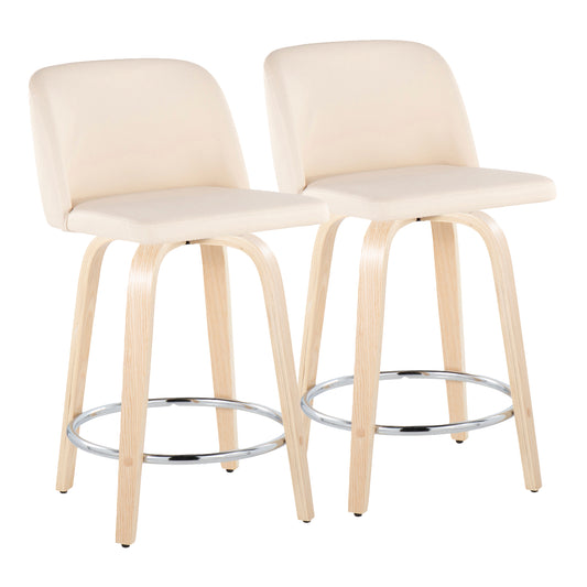 Torian  - Set of 2 - 24" Wood Swivel Counter Stools with Cream Faux Leather Upholstery and Chrome Metal Footrest